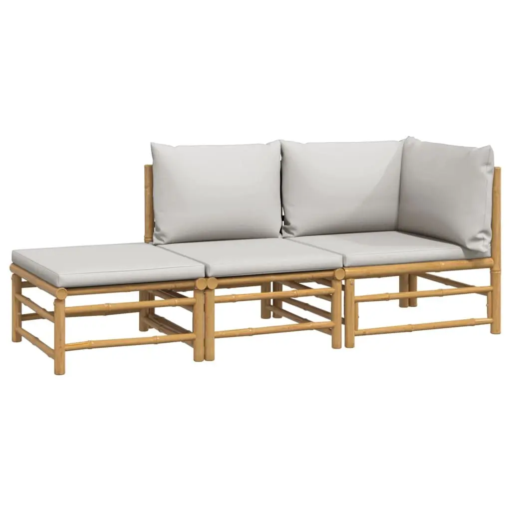 3 Piece Garden Lounge Set Brown Bamboo Sofa with Light Grey Cushions Table
