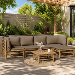 Bamboo Garden Lounge Set 6 Piece Outdoor Furniture with Taupe Cushions Modular