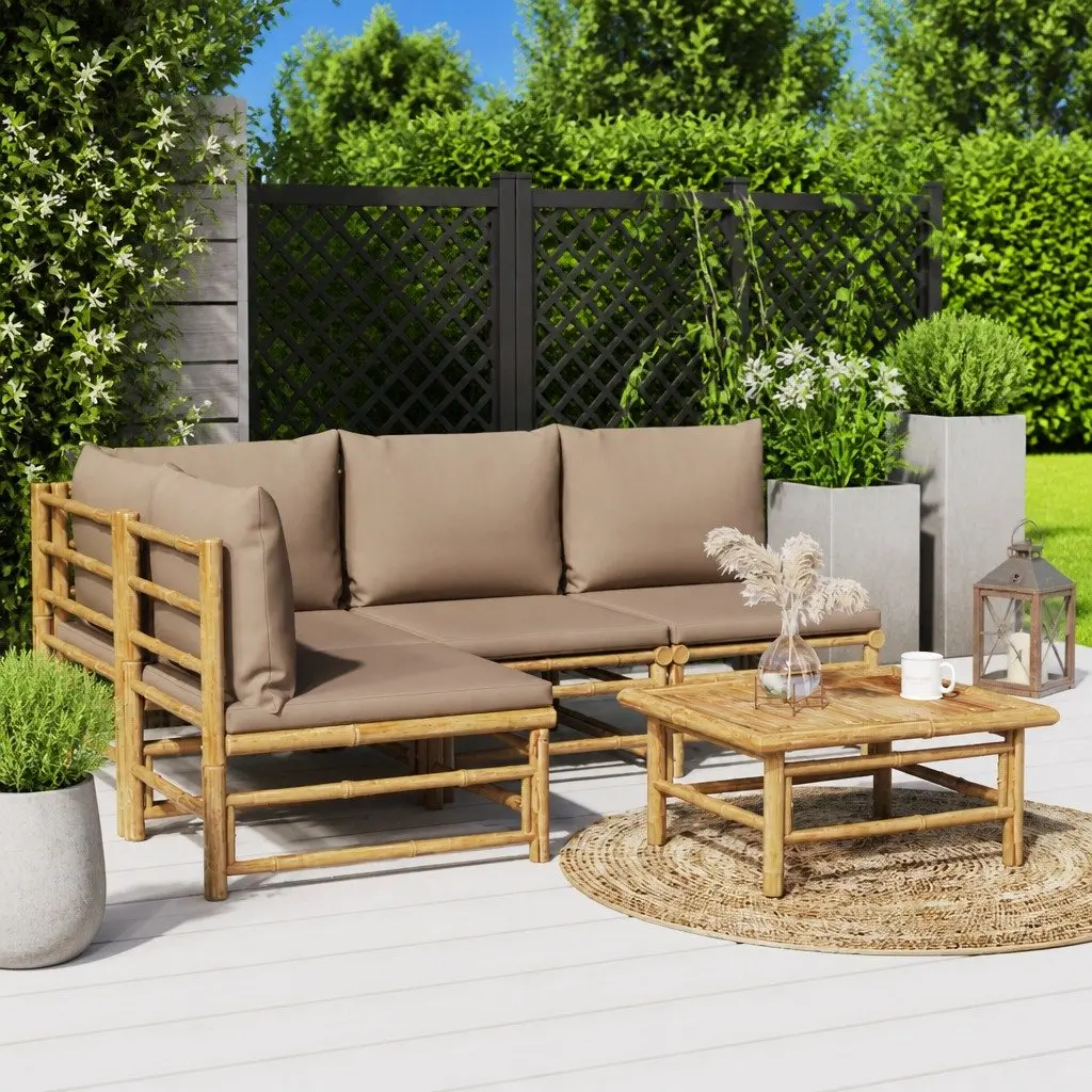 Garden Lounge Set Brown 5 Piece Bamboo Outdoor Furniture with Taupe Cushions