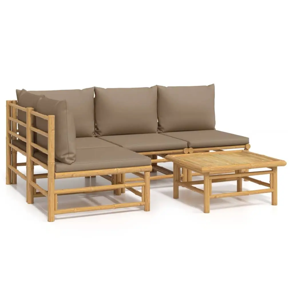 Garden Lounge Set Brown 5 Piece Bamboo Outdoor Furniture with Taupe Cushions
