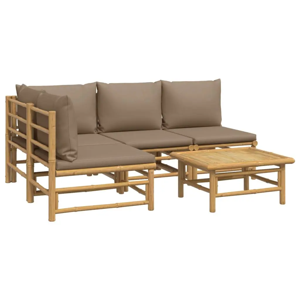 Garden Lounge Set Brown 5 Piece Bamboo Outdoor Furniture with Taupe Cushions