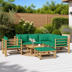 8-Piece Bamboo Lounge Set with Green Cushions