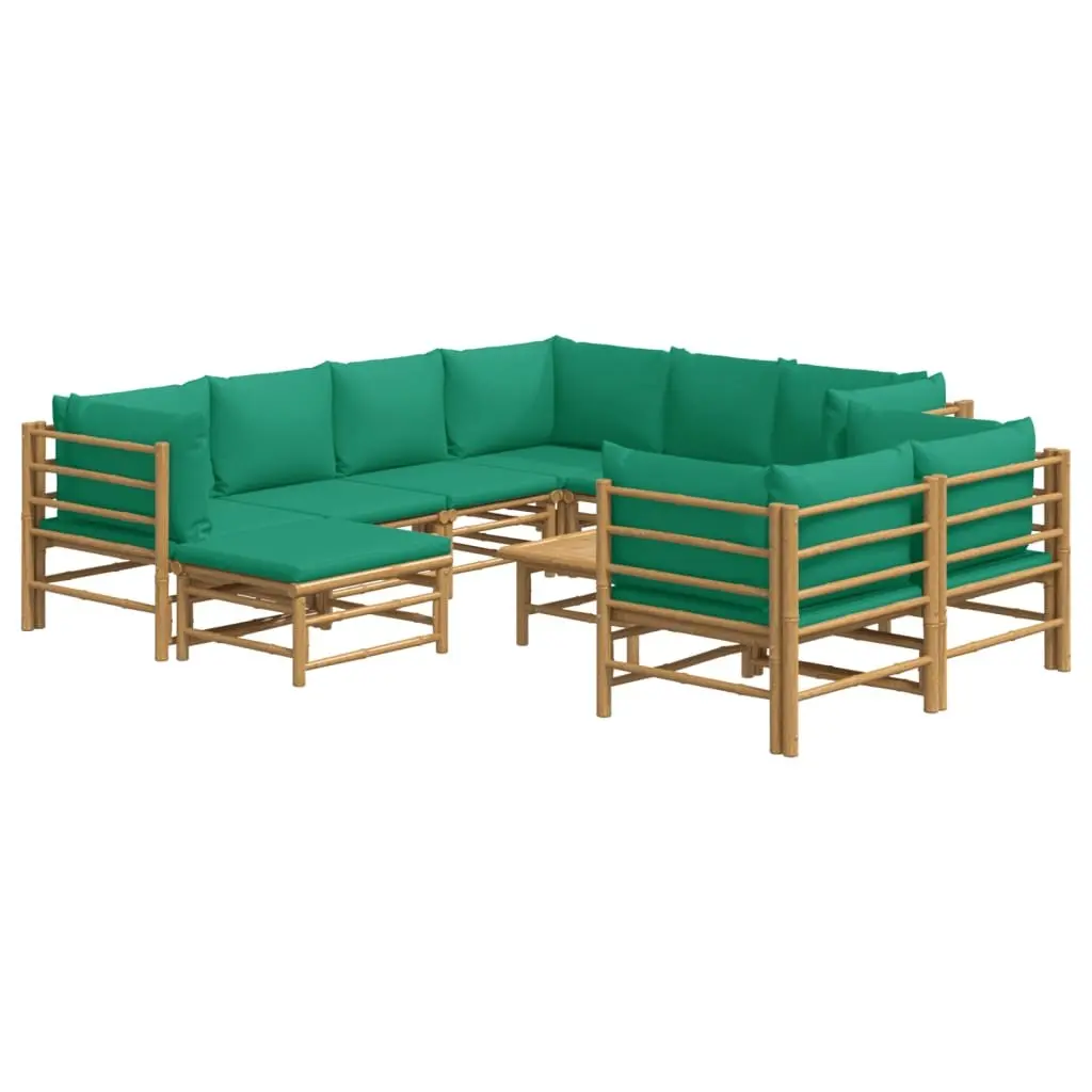 Bamboo Garden Lounge Set 10 Piece Outdoor Furniture with Green Cushions Brown