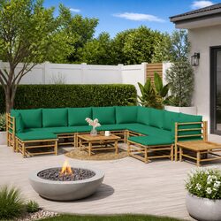 12 Piece Bamboo Garden Lounge Set Outdoor Furniture with Green Cushions Brown