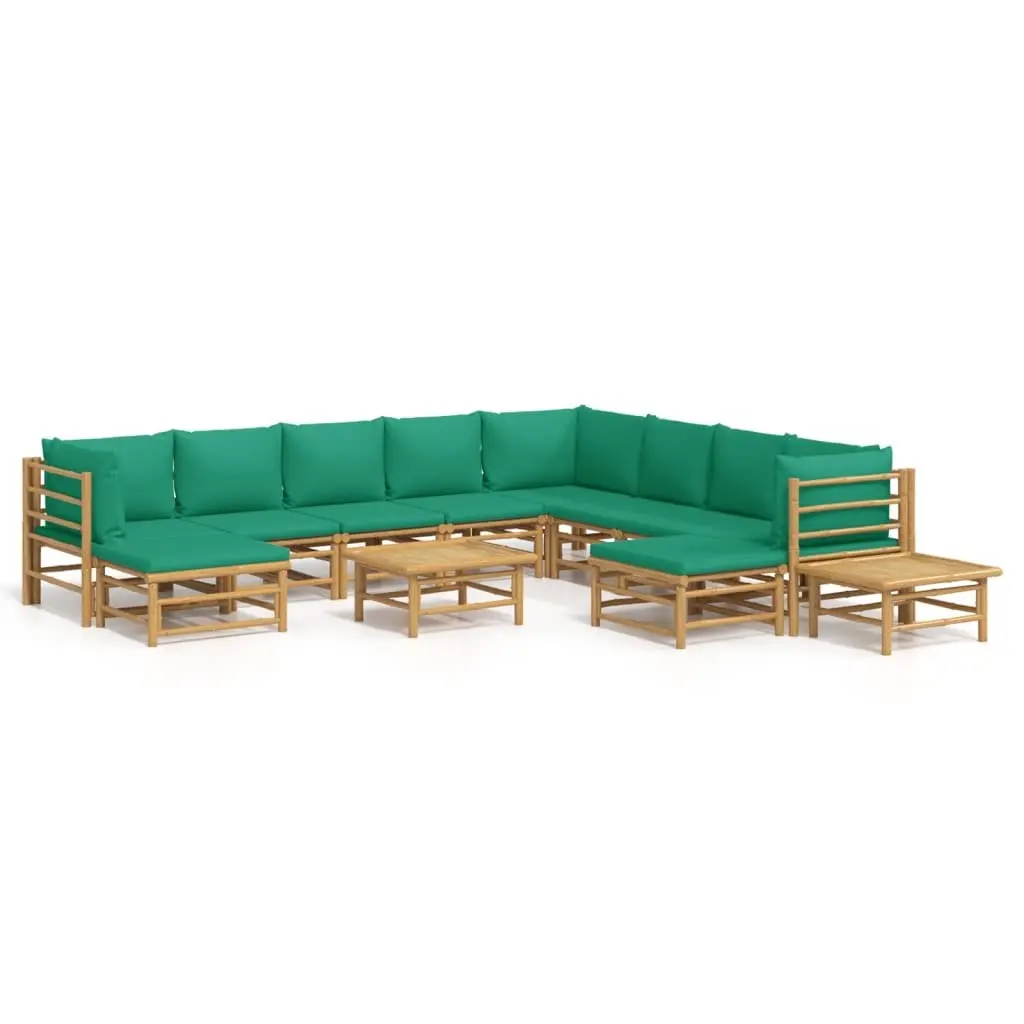 12 Piece Bamboo Garden Lounge Set Outdoor Furniture with Green Cushions Brown