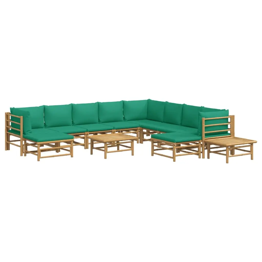 12 Piece Bamboo Garden Lounge Set Outdoor Furniture with Green Cushions Brown
