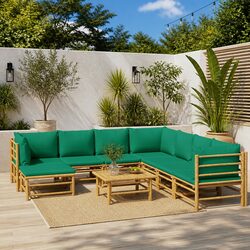 Compact 9 Piece Bamboo Lounge Set with Green Cushions for Outdoor Spaces