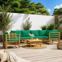 7 Piece Bamboo Garden Lounge Set with Green Cushions Brown Outdoor Furniture