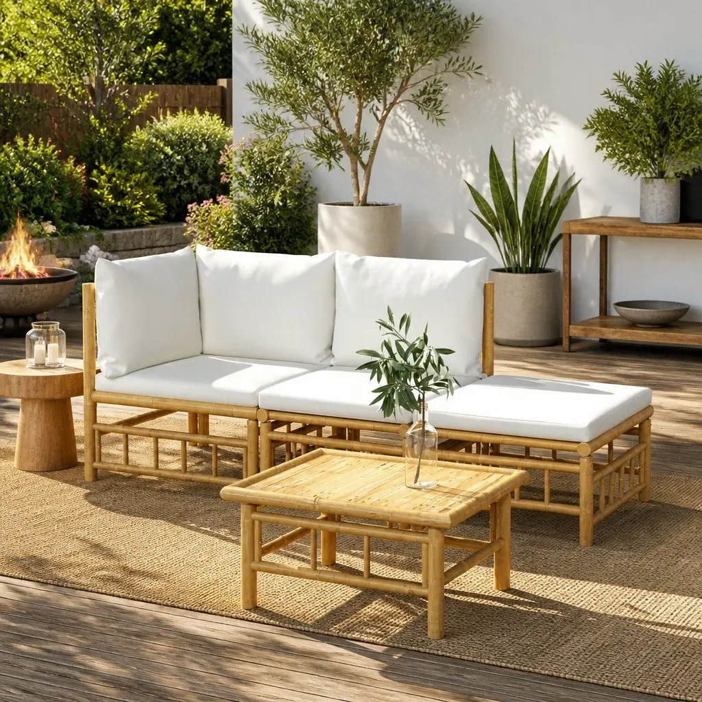 Garden Lounge Set Brown 4 Piece Outdoor Furniture Bamboo Sofa with Cushions Backrest