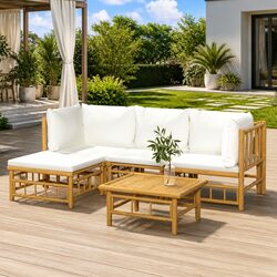 5 Piece Garden Lounge Set Bamboo Outdoor Furniture with Cream Cushions Brown