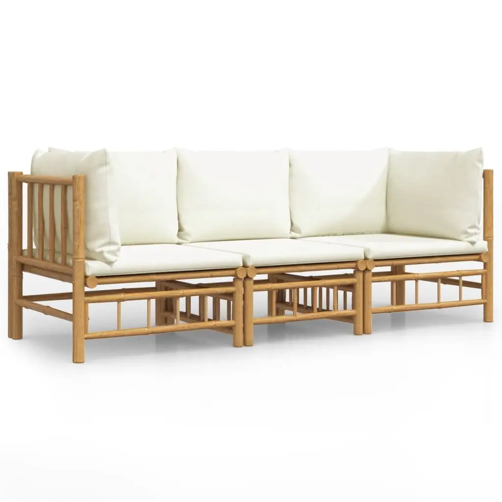 3 Piece Bamboo Garden Lounge Set Outdoor Furniture with Cream Cushions Brown