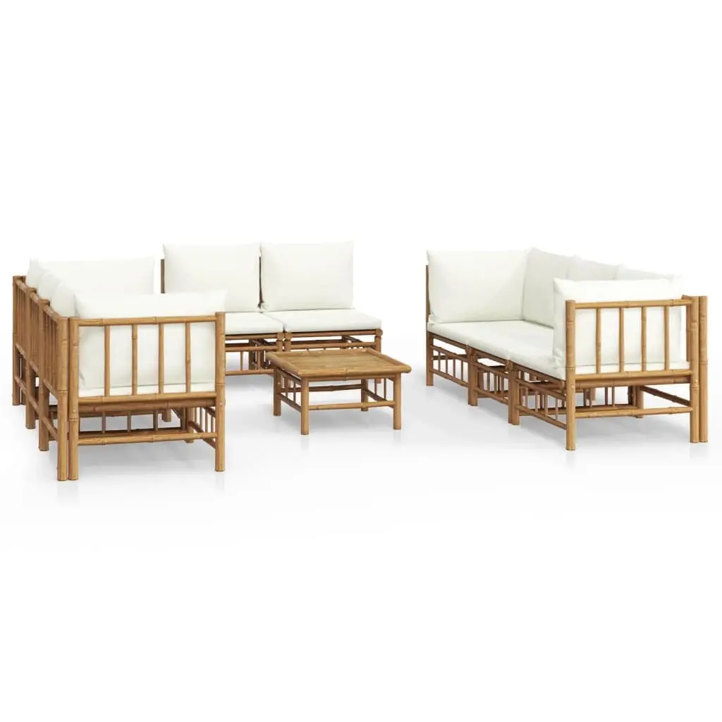 Garden Lounge Set 9 Piece Bamboo Outdoor Furniture with Cream Cushions Brown
