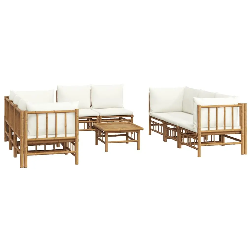 Garden Lounge Set 9 Piece Bamboo Outdoor Furniture with Cream Cushions Brown