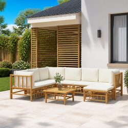 8 Piece Bamboo Garden Lounge Set Outdoor Furniture with Cream Cushions Brown