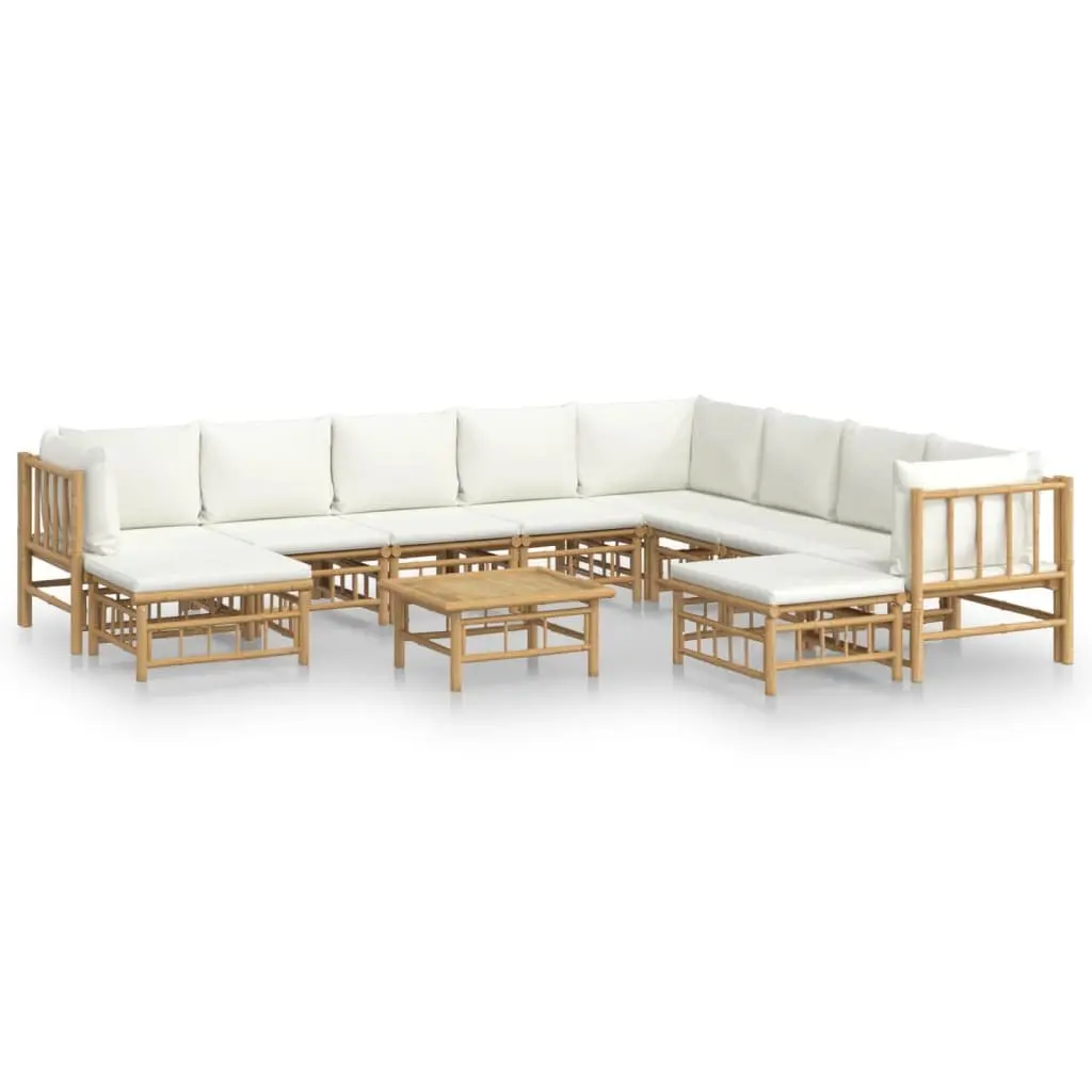 Garden Lounge Set 11 Pieces Bamboo Outdoor Furniture with Cream Cushions Brown