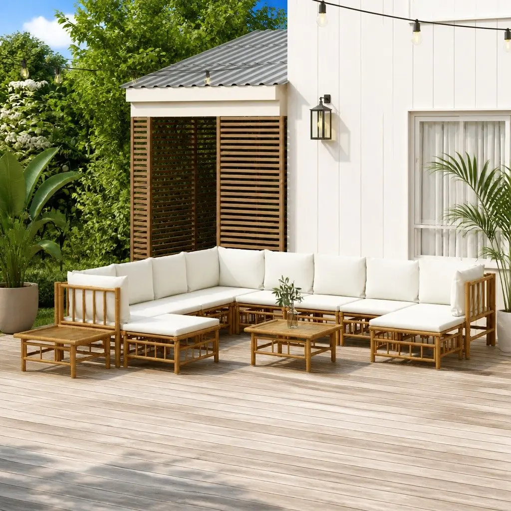 Bamboo Garden Lounge Set 12 Piece Outdoor Furniture with Cream Cushions Brown