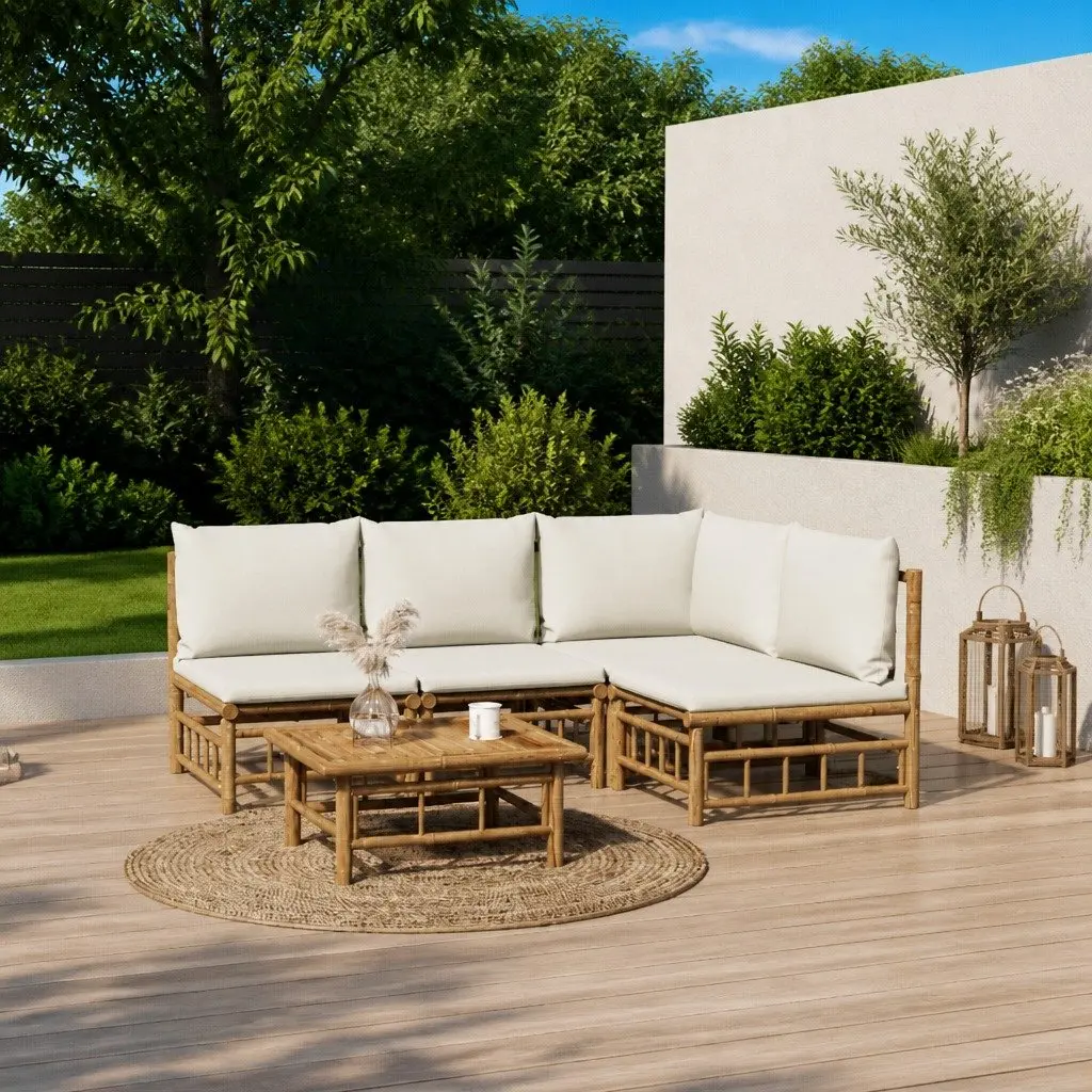 5 Piece Garden Lounge Set Brown Bamboo Sofa with Cream White Cushions
