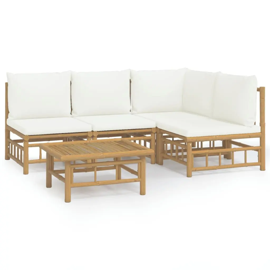 5 Piece Garden Lounge Set Brown Bamboo Sofa with Cream White Cushions