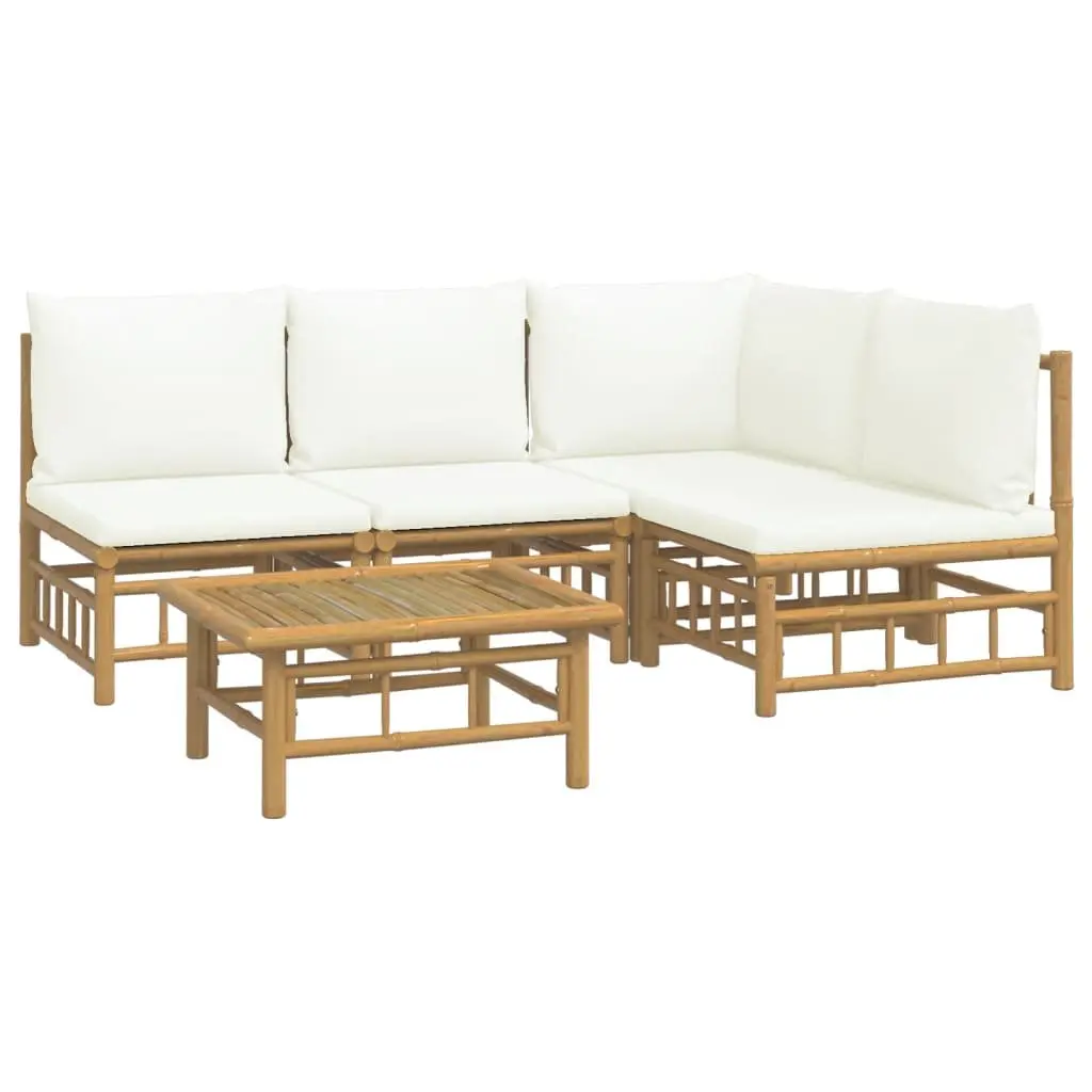 5 Piece Garden Lounge Set Brown Bamboo Sofa with Cream White Cushions