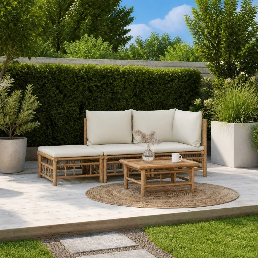 3 Piece Bamboo Garden Lounge Set Brown with Cream Cushions