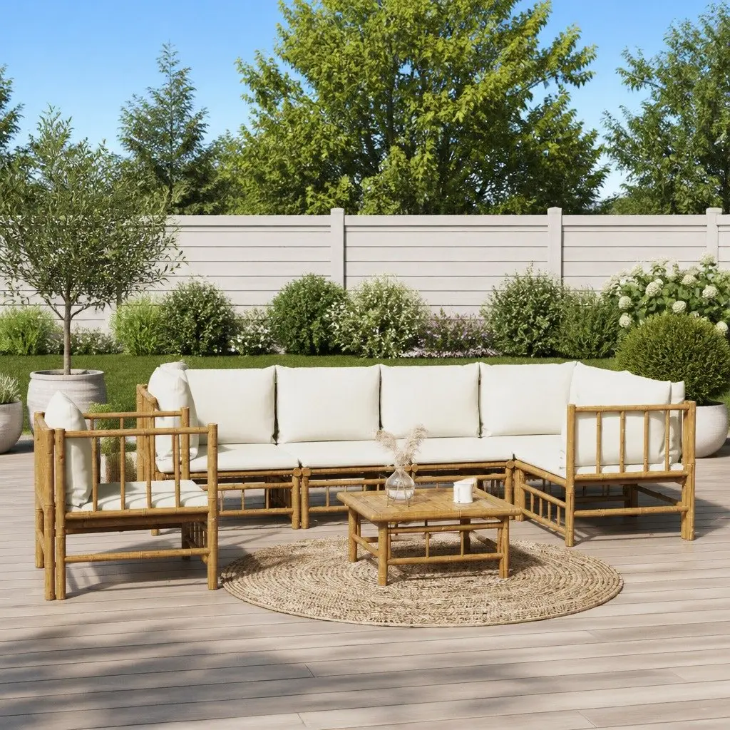 7 Piece Garden Lounge Set Brown Bamboo Modular Sofa with Cushions