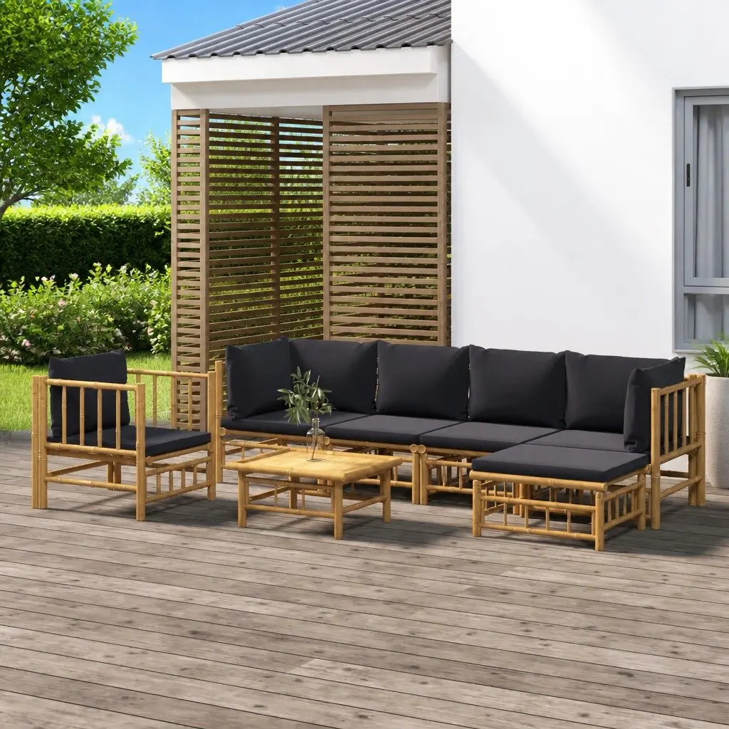 7 Piece Garden Lounge Set Brown Bamboo Sofa with Cushions Table