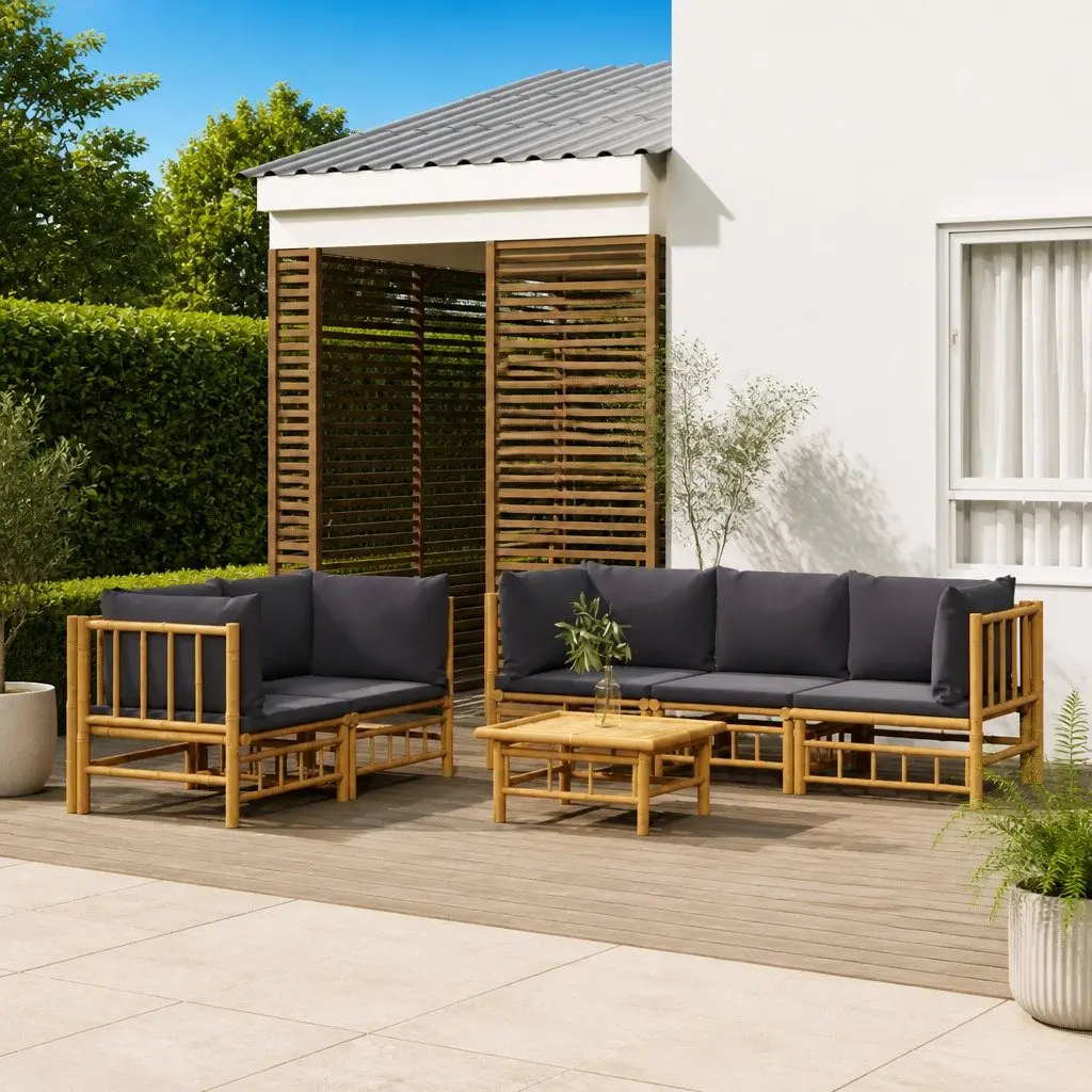 Bamboo Garden Lounge Set Brown 6 Piece Modular Outdoor Furniture with Cushions