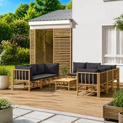 Garden Lounge Set 9 Piece Bamboo Outdoor Furniture with Cushions Dark Grey