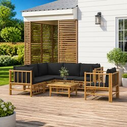 7 Piece Garden Lounge Set Bamboo Outdoor Furniture with Cushions Brown