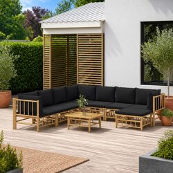 Bamboo Garden Lounge Set 9 Piece Outdoor Furniture with Cushions Brown