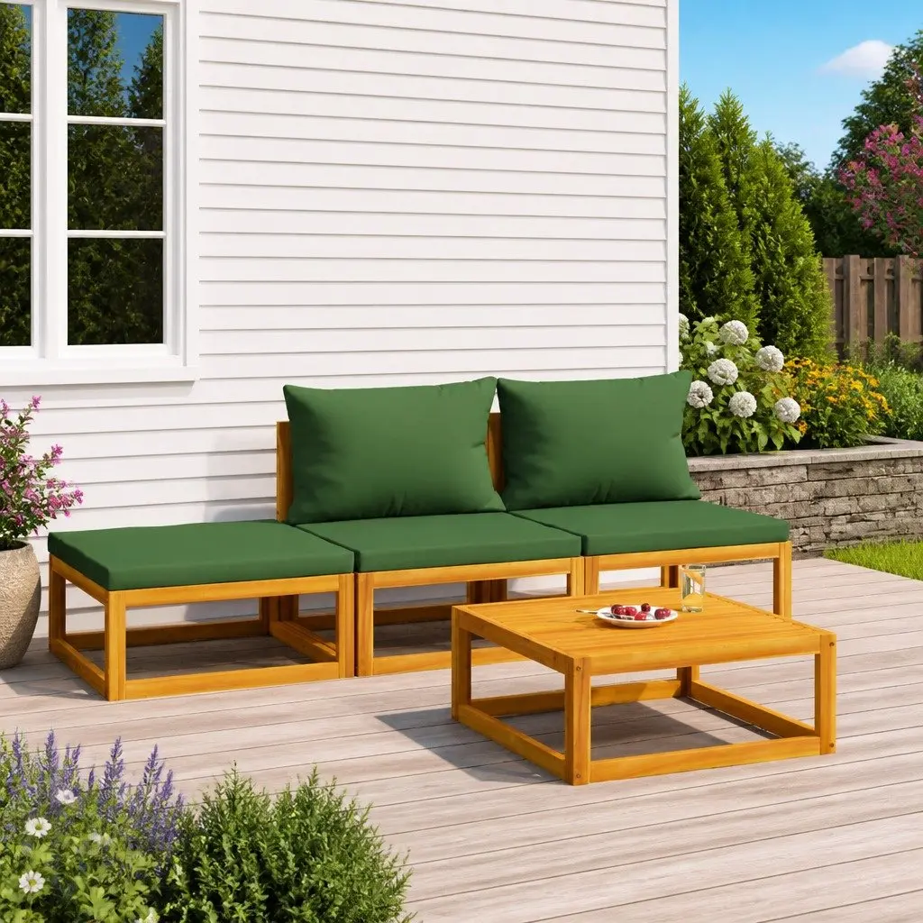 4 Piece Garden Lounge Set Brown Solid Wood with Green Cushions