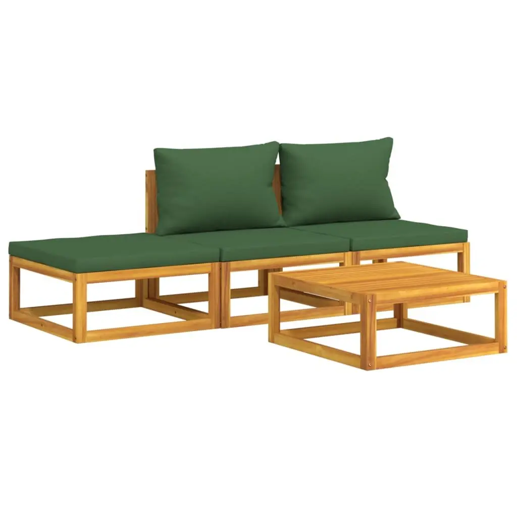 4 Piece Garden Lounge Set Brown Solid Wood with Green Cushions