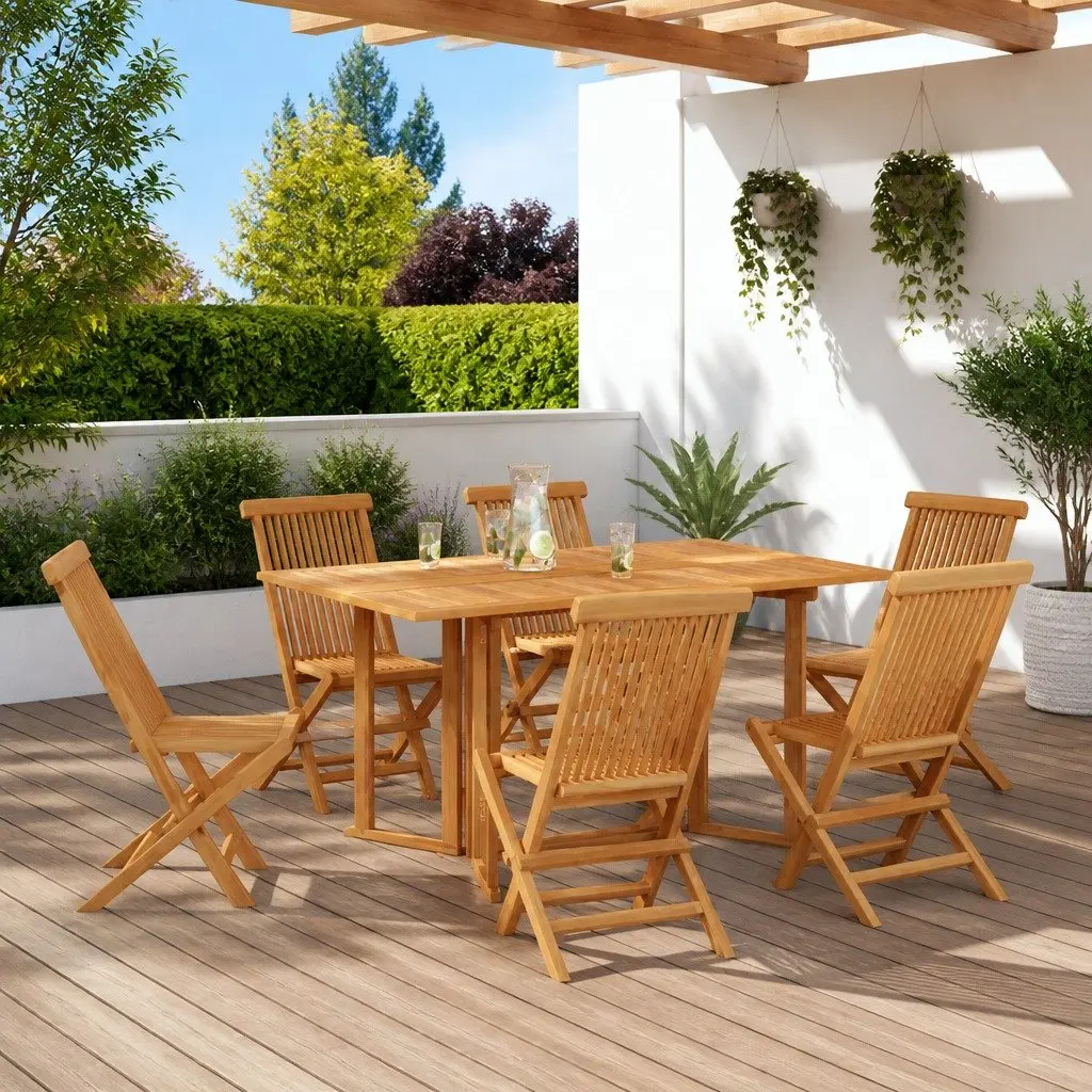 Outdoor Dining Set Brown 7 Piece Teak Wood Rectangular Table and Chairs