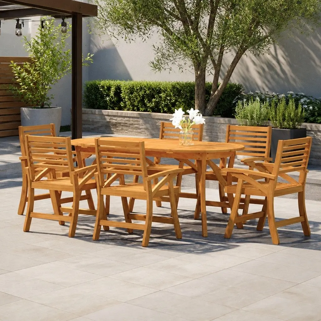 7 Piece Garden Dining Set Brown Solid Acacia Wood Outdoor Furniture
