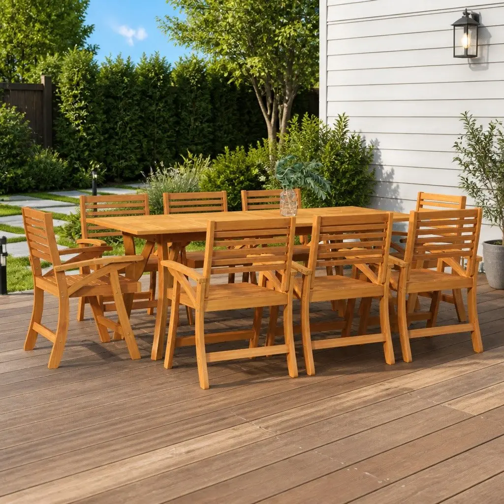 Garden Dining Set Brown 9 Piece Solid Wood Acacia Curved Back Armrests Slatted Table
