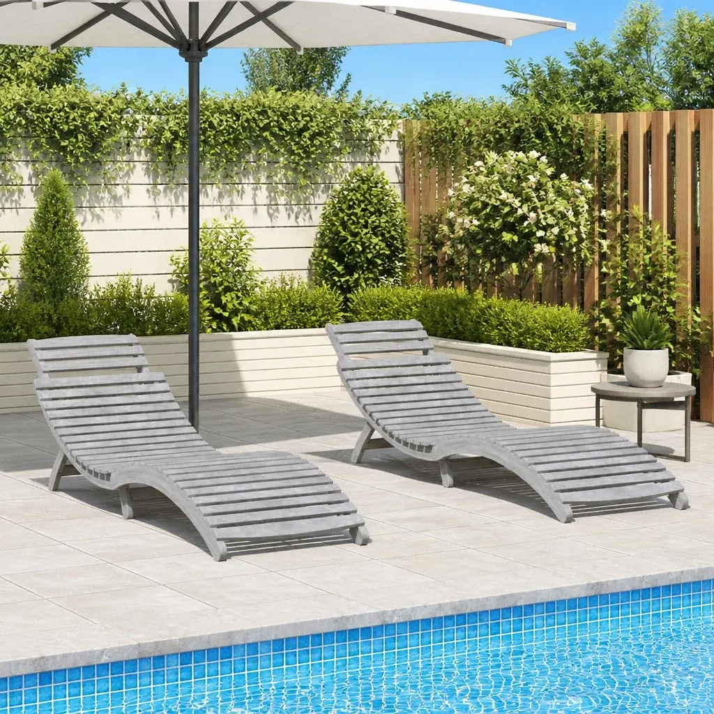 Sun Loungers Grey Foldable Ergonomic Outdoor Furniture 2 Piece