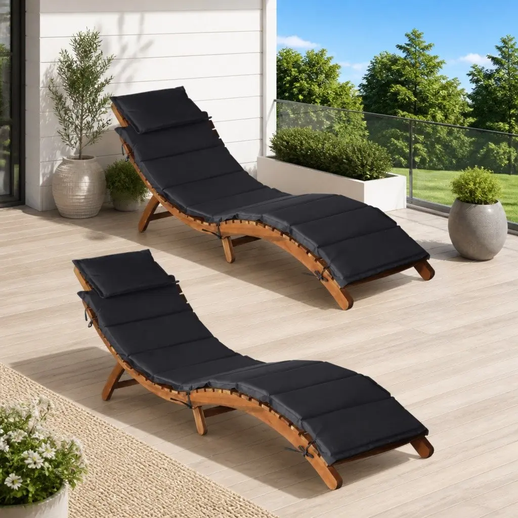 Sun Loungers Grey 2 Piece Foldable Wooden Garden Patio Outdoor