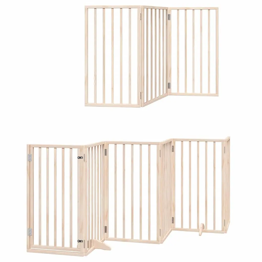 Dog Gate Brown 9 Panels Foldable Poplar Wood Pet Safety Barrier with Door Lock