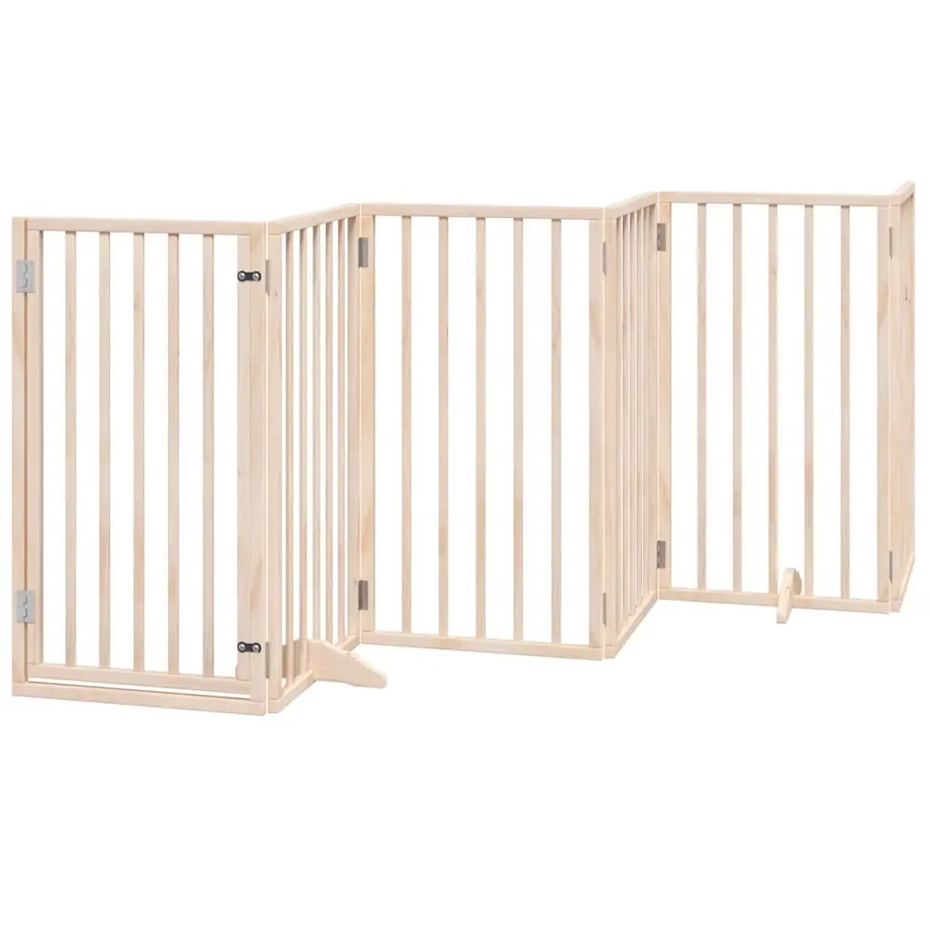 Dog Gate Brown 9 Panels Foldable Poplar Wood Pet Safety Barrier with Door Lock