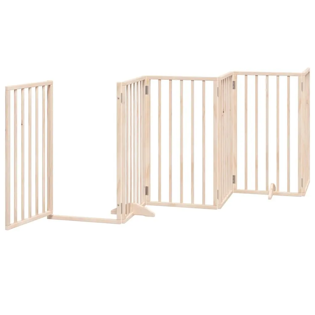 Dog Gate Brown 9 Panels Foldable Poplar Wood Pet Safety Barrier with Door Lock