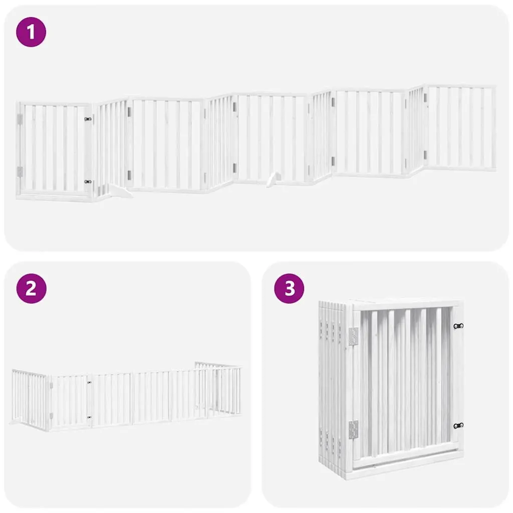 Dog Gate White 9 Panels Foldable Poplar Wood Pet Safety Barrier with Door