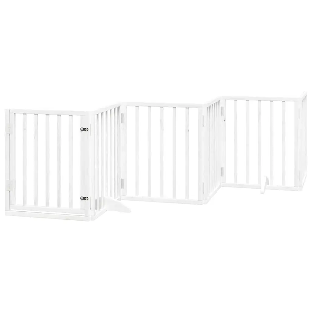 Dog Gate White 9 Panels Foldable Poplar Wood Pet Safety Barrier with Door