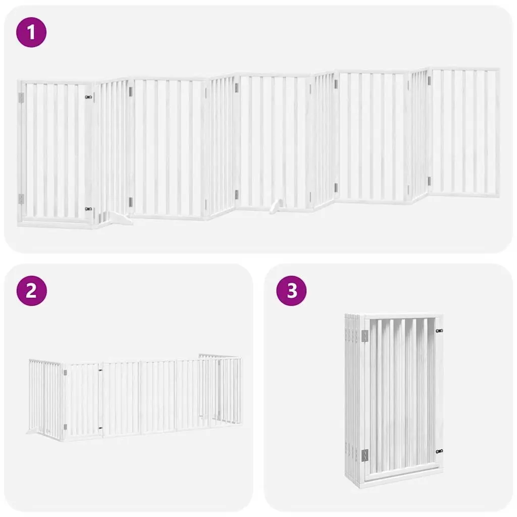 Dog Gate White 9 Panels Foldable with Door Poplar Wood Safety Barrier
