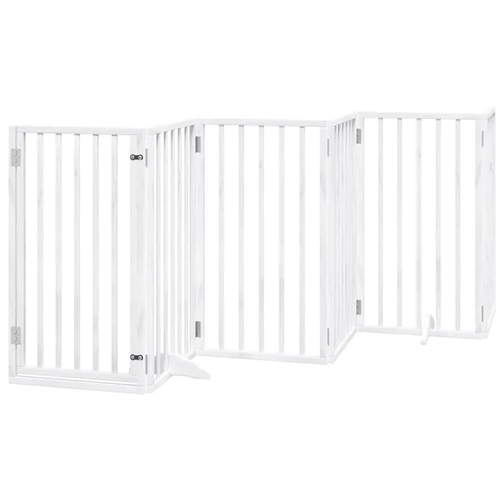 Dog Gate White 9 Panels Foldable with Door Poplar Wood Safety Barrier