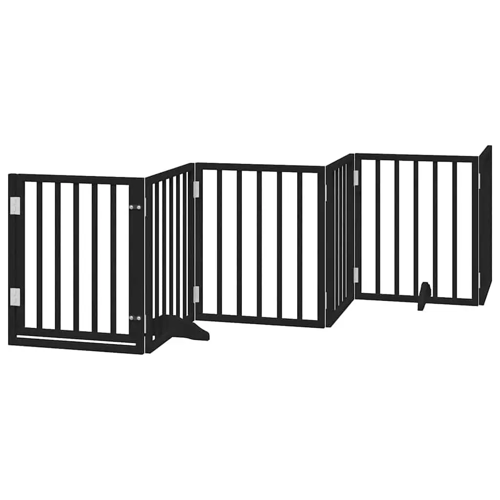 Dog Gate Black 15 Panels Foldable with Door Poplar Wood Pet Pen Barrier