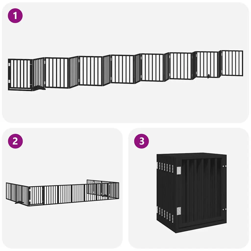 Dog Gate Black 15 Panels Foldable with Door Poplar Wood Pet Pen Barrier