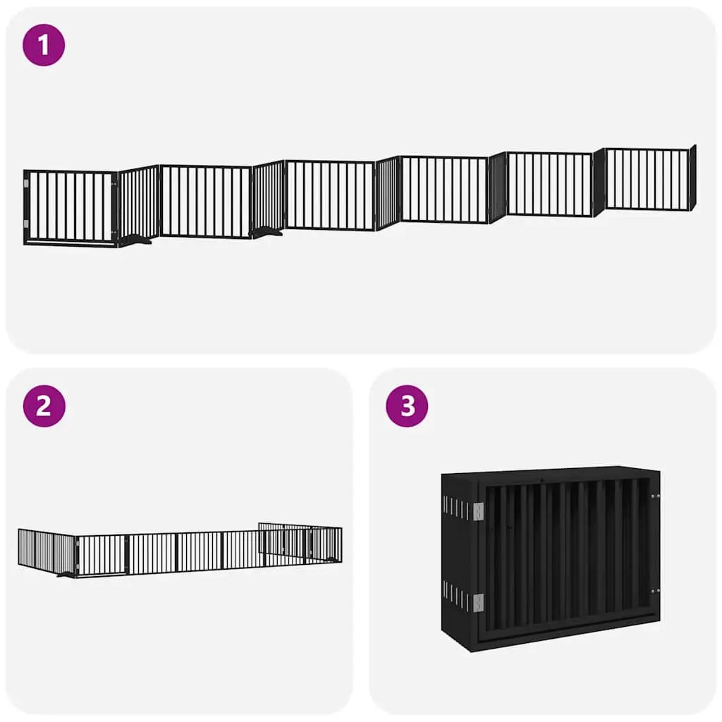 Dog Gate Foldable 12 Panels Black Poplar Wood Pet Safety Barrier with Door