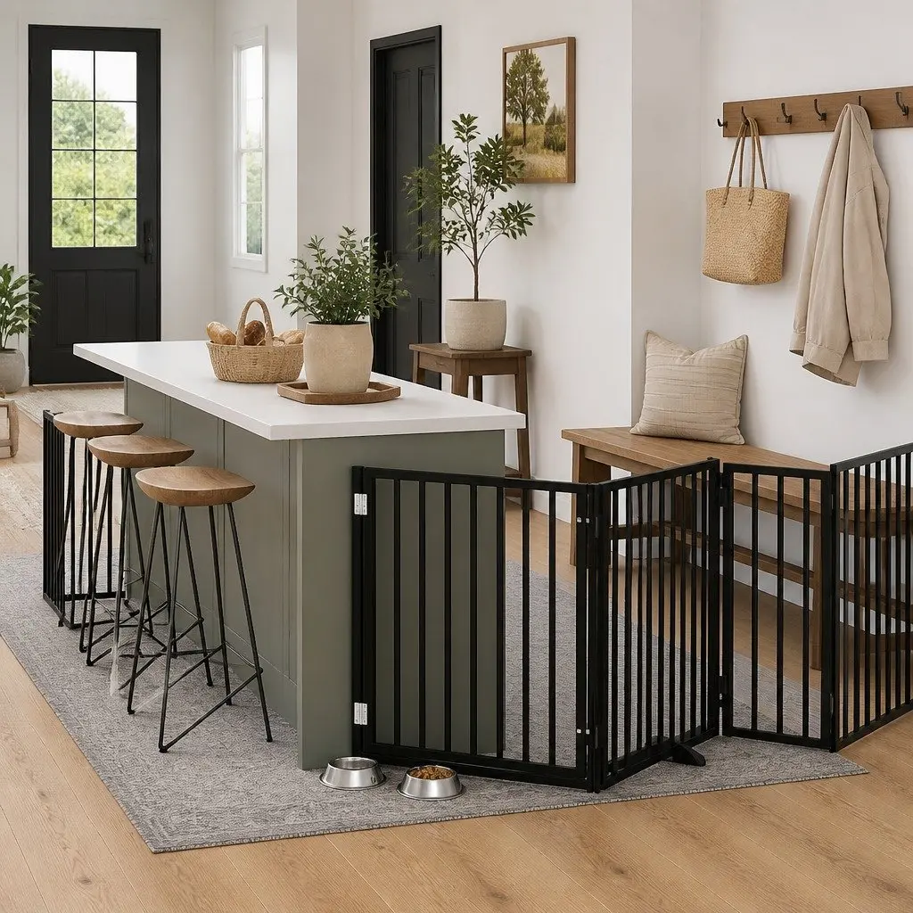 Dog Gate Black 8 Panels Foldable with Door and Locks