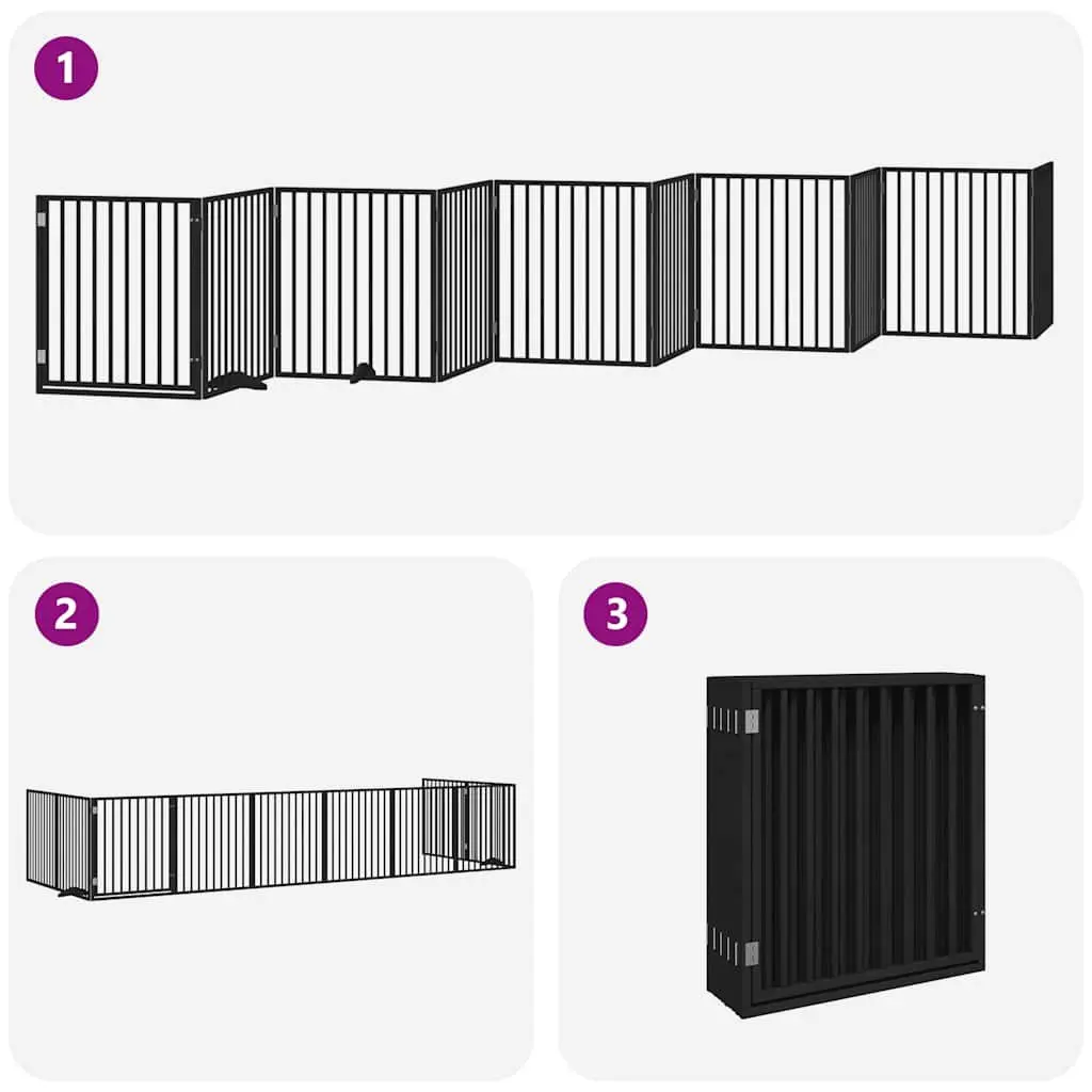 Dog Gate Black 10 Panels Foldable Poplar Wood Pet Safety Barrier Door Enclosure