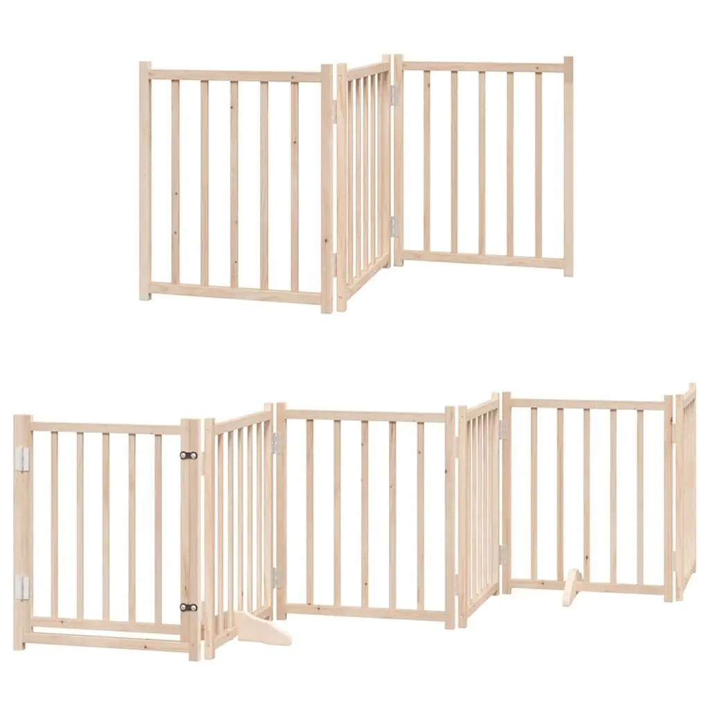 Dog Gate Brown 9 Panels Foldable Poplar Wood Pet Safety Barrier with Door Lock